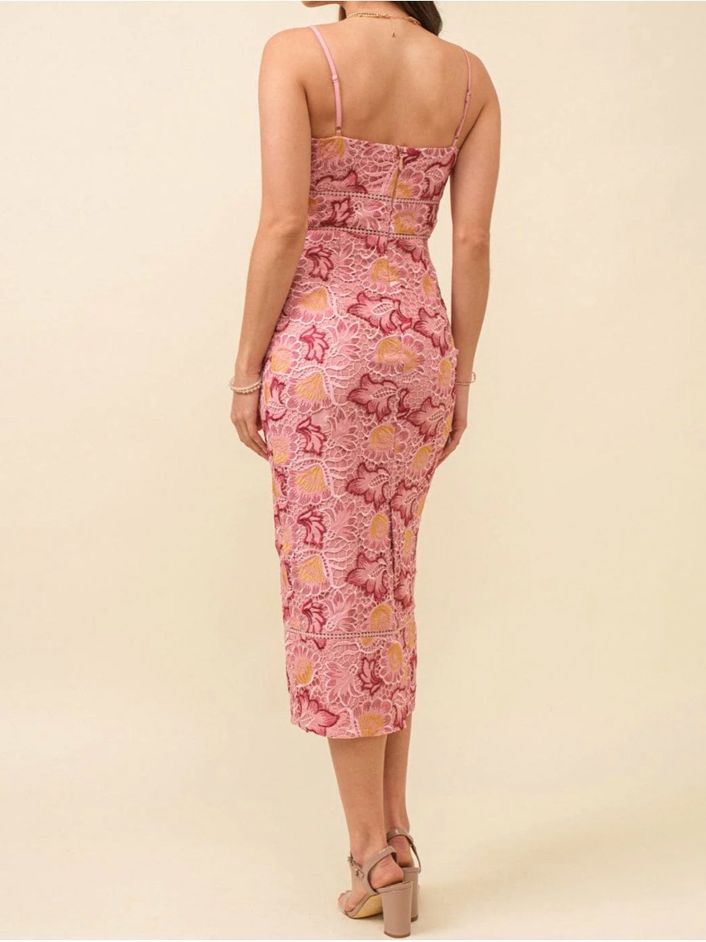 Pink Floral crochet lace Midi Dress - Picture 4 of 5
